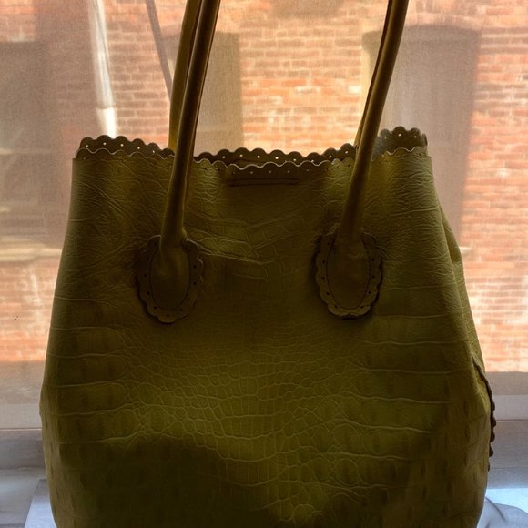 FURLA Yellow Crocodile Embossed Leather Divided Two Top Handle Tote Bag - Picture 3 of 7